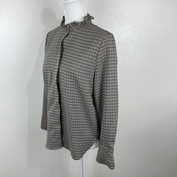 Maison de Roem Button Up Top Women Medium Black Houndstooth Long Sleeve Ruffled - Picture 2 of 15